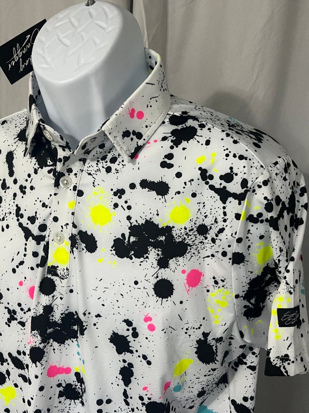NWT Sunday Swagger Men’s White Paint Blotch Golf Polo ⛳️ Short Sleeve Medium M